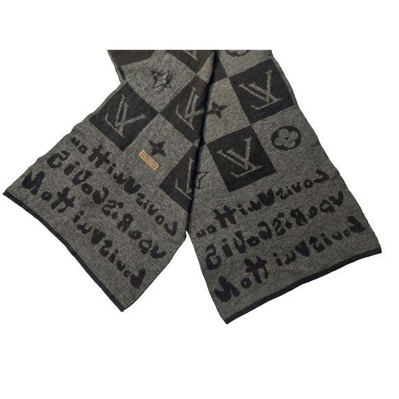 Louis Vuitton LV Gray & Black Monogram Damier Logomania Scarf Pre-Owned - Picture 9 of 14
